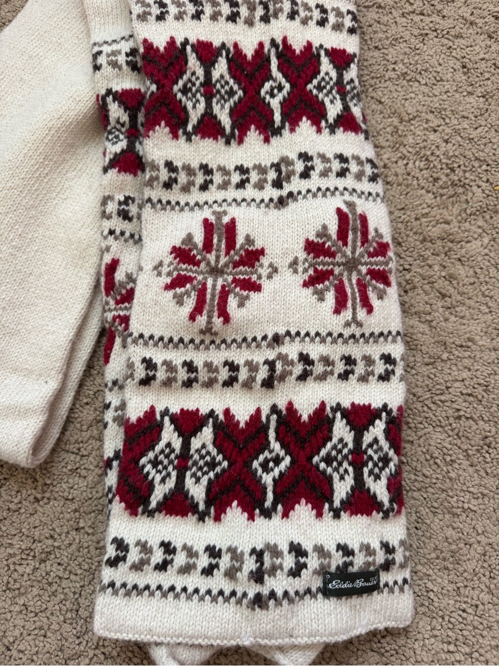 Eddie Bauer Fair Isle Winter Knit Scarf One Size Cream Red Gray Wool Blend - Picture 3 of 4